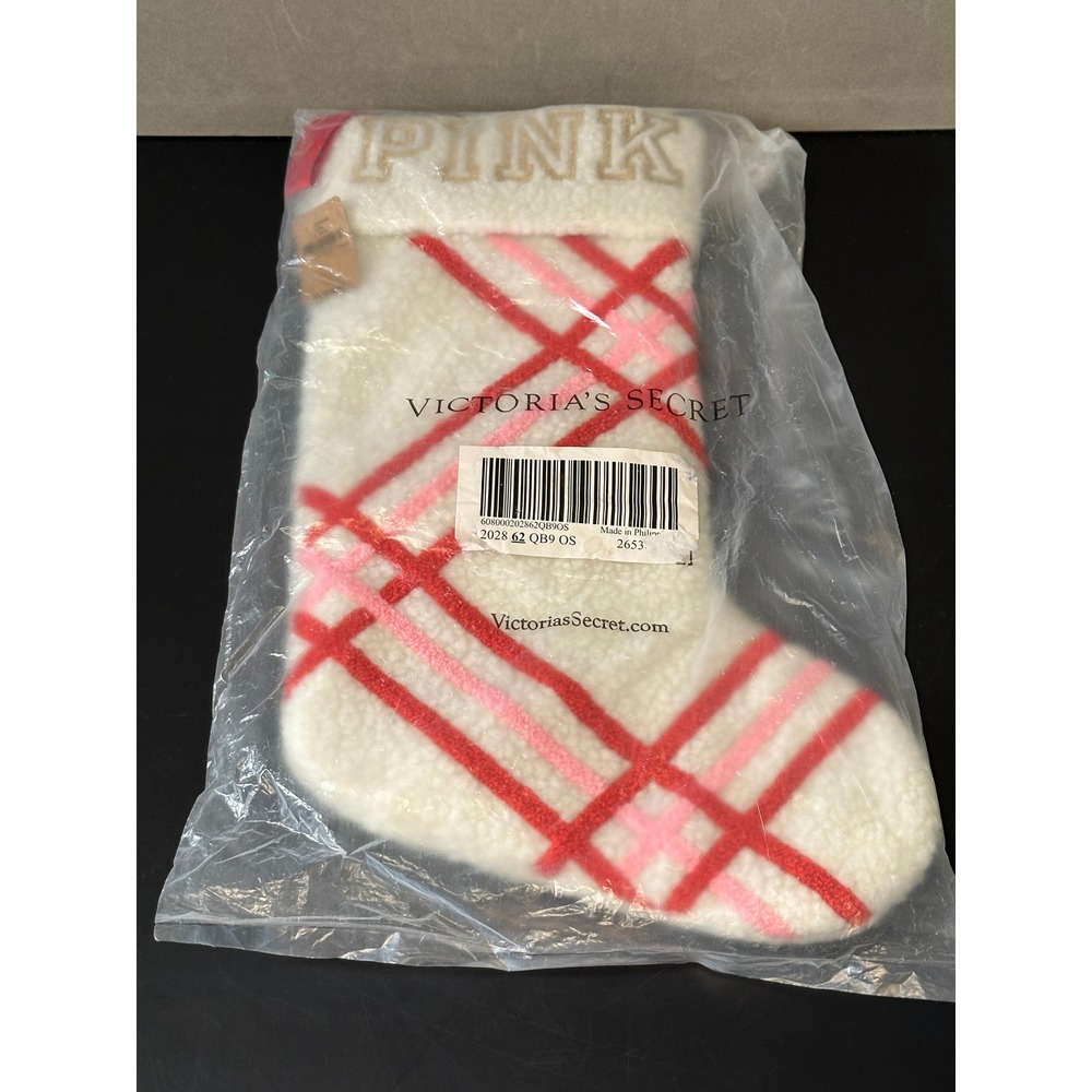 Victoria's Secret PINK Christmas Stocking Sherpa Plaid Red Pink White Gold New‎